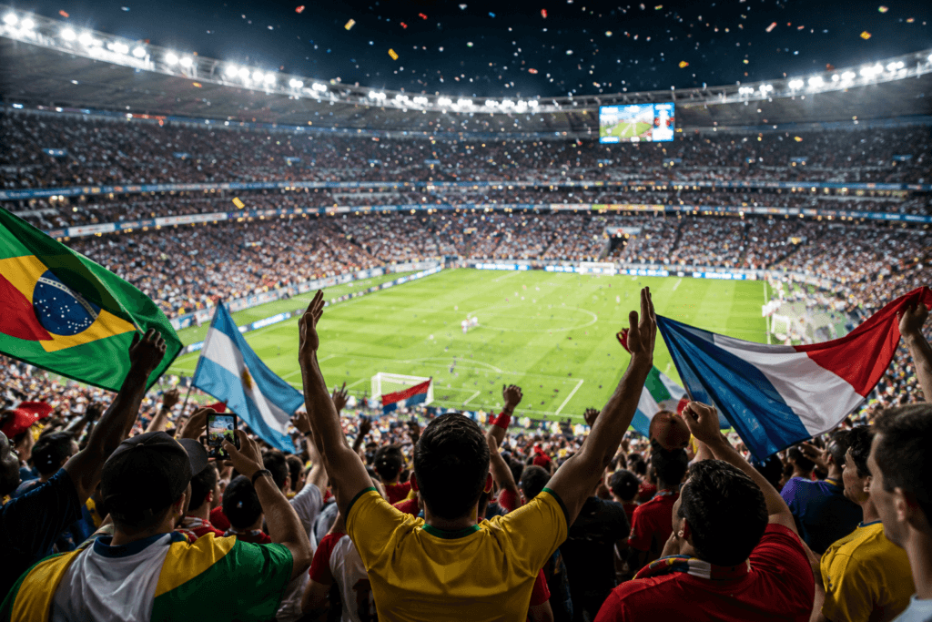 Fans waving Brazil, Argentina, and France flags in a packed stadium during a 2026 FIFA World Cup match, with confetti falling overhead
