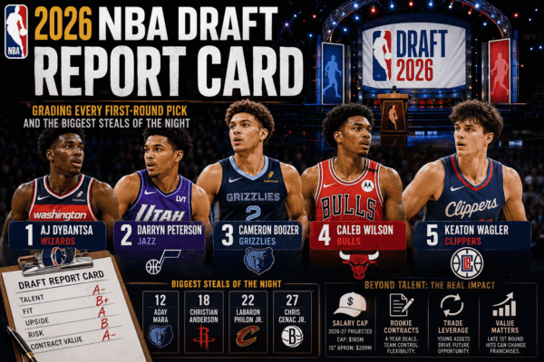 2026 NBA Draft Report Card grading every first-round pick, featuring top 5 picks and biggest steals of the night including picks 12, 18, 22, and 27