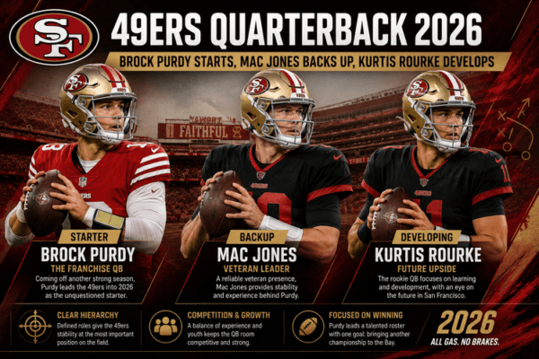 49ers Quarterback 2026 infographic: Brock Purdy starts, Mac Jones backs up, and Kurtis Rourke develops for San Francisco