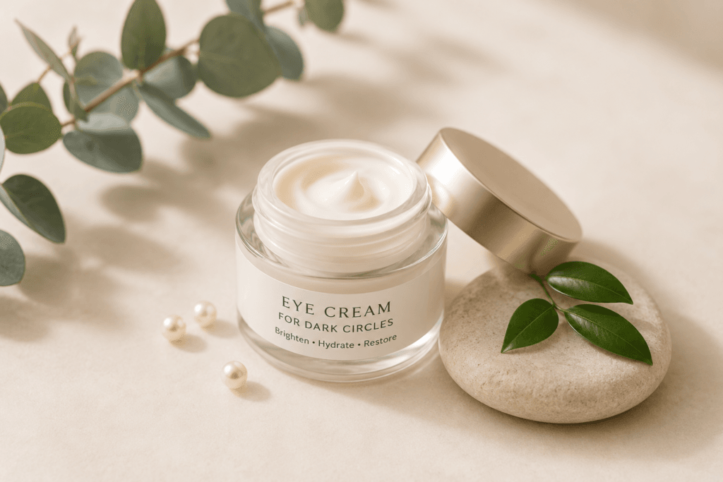 Open jar of eye cream for dark circles labeled Brighten, Hydrate, Restore, displayed with eucalyptus sprigs and smooth stones