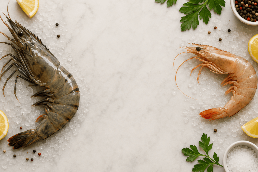 A raw tiger prawn (left) with dark striped shell and straighter body beside a raw white shrimp (right) showing its curved C-shape, both on crushed ice