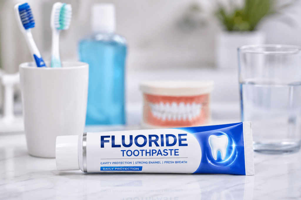 Tube of Fluoride Toothpaste for cavity protection, strong enamel, and fresh breath, displayed with toothbrushes and mouthwash