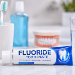 Tube of Fluoride Toothpaste for cavity protection, strong enamel, and fresh breath, displayed with toothbrushes and mouthwash