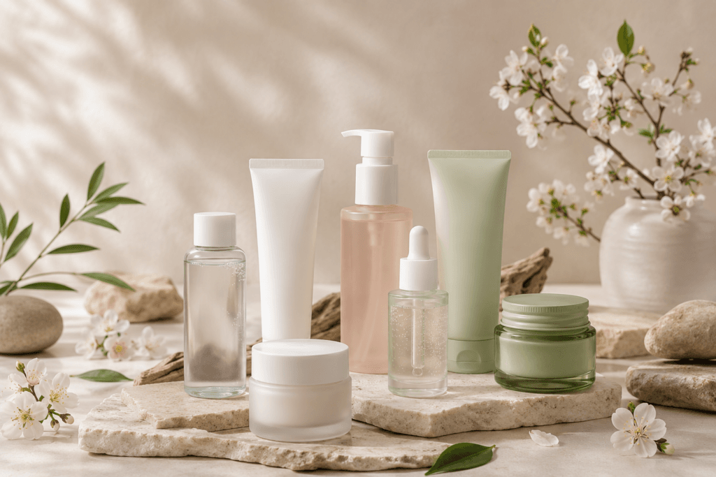 A layered arrangement of Korean skincare products including toner, cleanser, serum, and moisturizer in minimal packaging, styled with stones and cherry blossoms