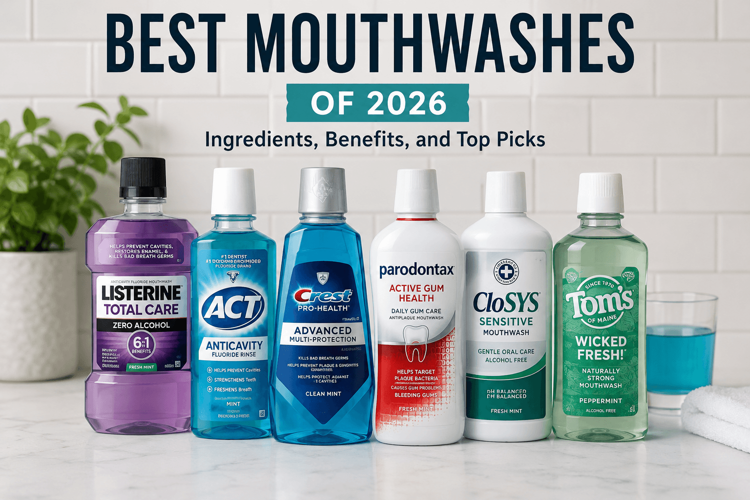Best Mouthwashes of 2026: Ingredients, Benefits, and Top Picks — featuring Listerine Total Care, ACT Anticavity, Crest Pro-Health, Parodontax, CloSYS Sensitive, and Tom's of Maine Wicked Fresh