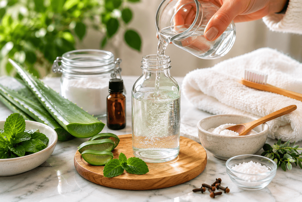 Liquid being poured into a glass bottle surrounded by homemade mouthwash ingredients: aloe vera, mint, salt, cloves, and essential oil