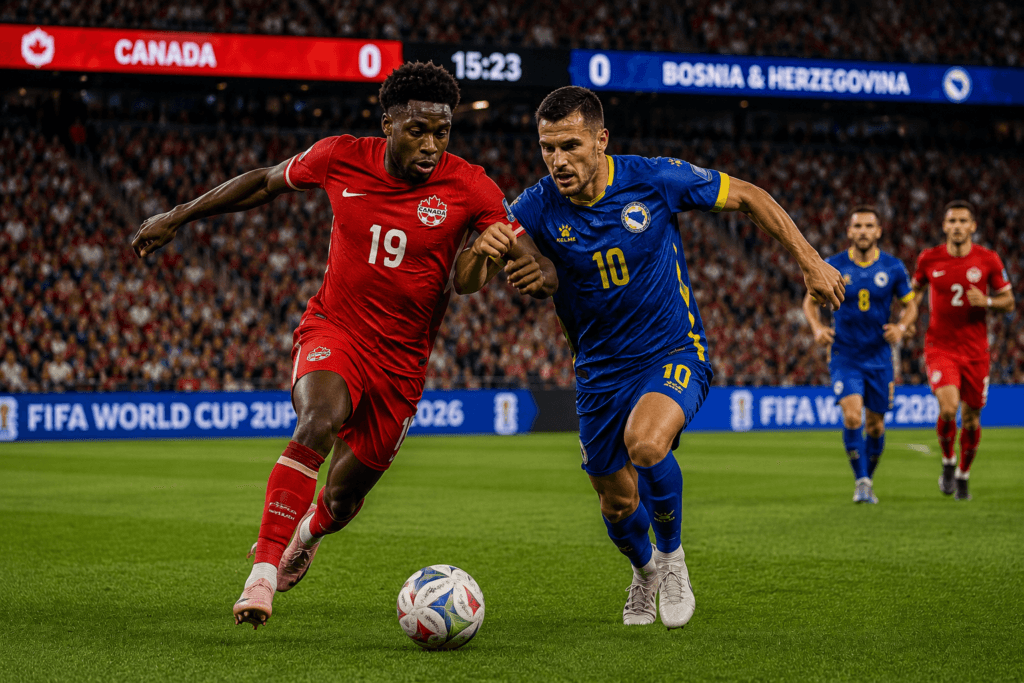 Canada's number 19 battles Bosnia & Herzegovina's number 10 for the ball during their FIFA World Cup 2026 Group B match, scoreboard reading 0-0 at 15:23