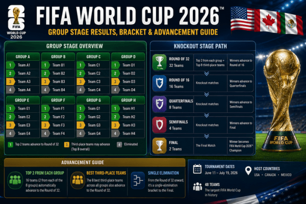 FIFA World Cup 2026 infographic showing group stage results bracket with 8 groups, knockout stage path from Round of 32 to Final, advancement rules, and tournament details for USA, Canada, and Mexico from June 11–July 19, 2026