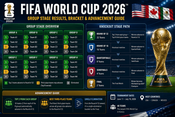 FIFA World Cup 2026 infographic showing group stage results bracket with 8 groups, knockout stage path from Round of 32 to Final, advancement rules, and tournament details for USA, Canada, and Mexico from June 11–July 19, 2026