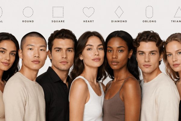 Seven models representing different face shapes: oval, round, square, heart, diamond, oblong, and triangle
