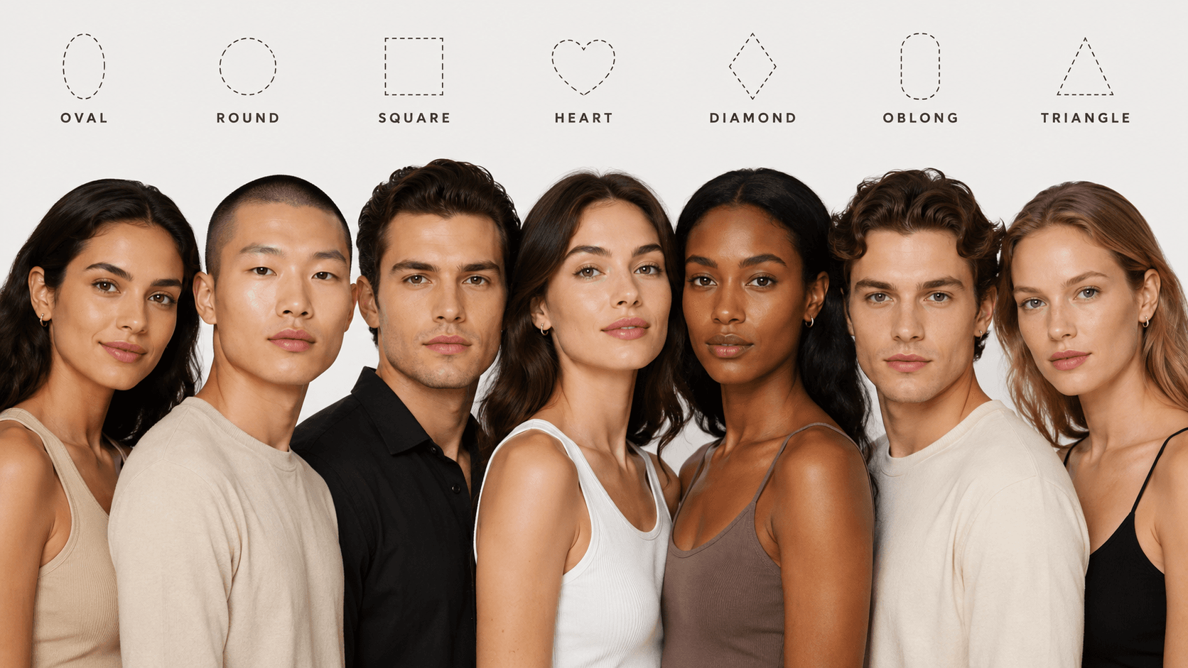 Seven models representing different face shapes: oval, round, square, heart, diamond, oblong, and triangle