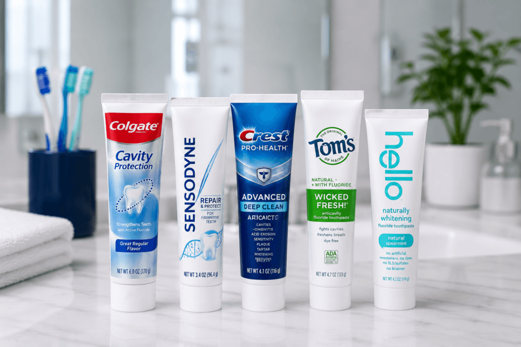 Five fluoride toothpaste tubes lined up on a bathroom counter: Colgate Cavity Protection, Sensodyne Repair & Protect, Crest Pro-Health Advanced Deep Clean, Tom's of Maine Wicked Fresh, and Hello Naturally Whitening