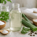 Natural oral care ingredients including aloe vera, mint, salt, cloves, and a clear liquid in a glass bottle, with a wooden toothbrush