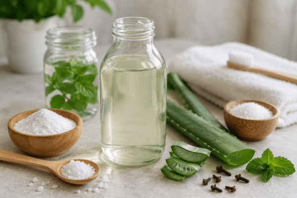 Natural oral care ingredients including aloe vera, mint, salt, cloves, and a clear liquid in a glass bottle, with a wooden toothbrush