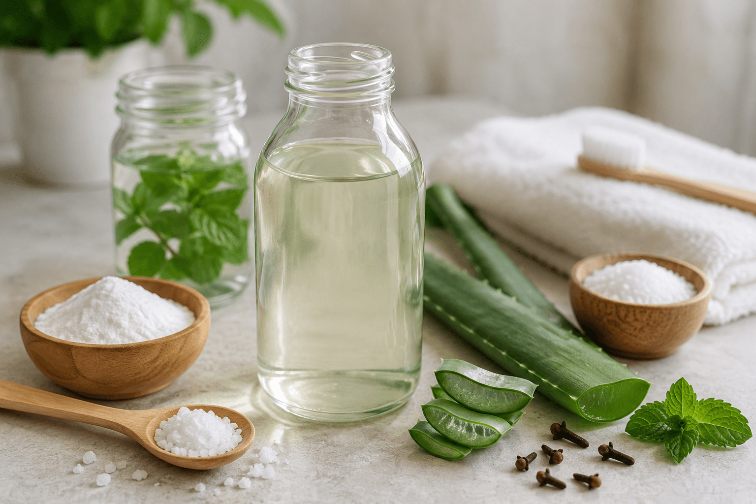 Natural oral care ingredients including aloe vera, mint, salt, cloves, and a clear liquid in a glass bottle, with a wooden toothbrush