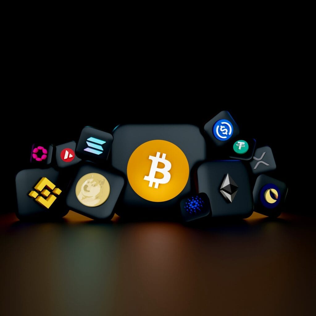 3D rendered icons of multiple cryptocurrencies including Bitcoin, Ethereum, Solana, Binance Coin, and Dogecoin grouped together