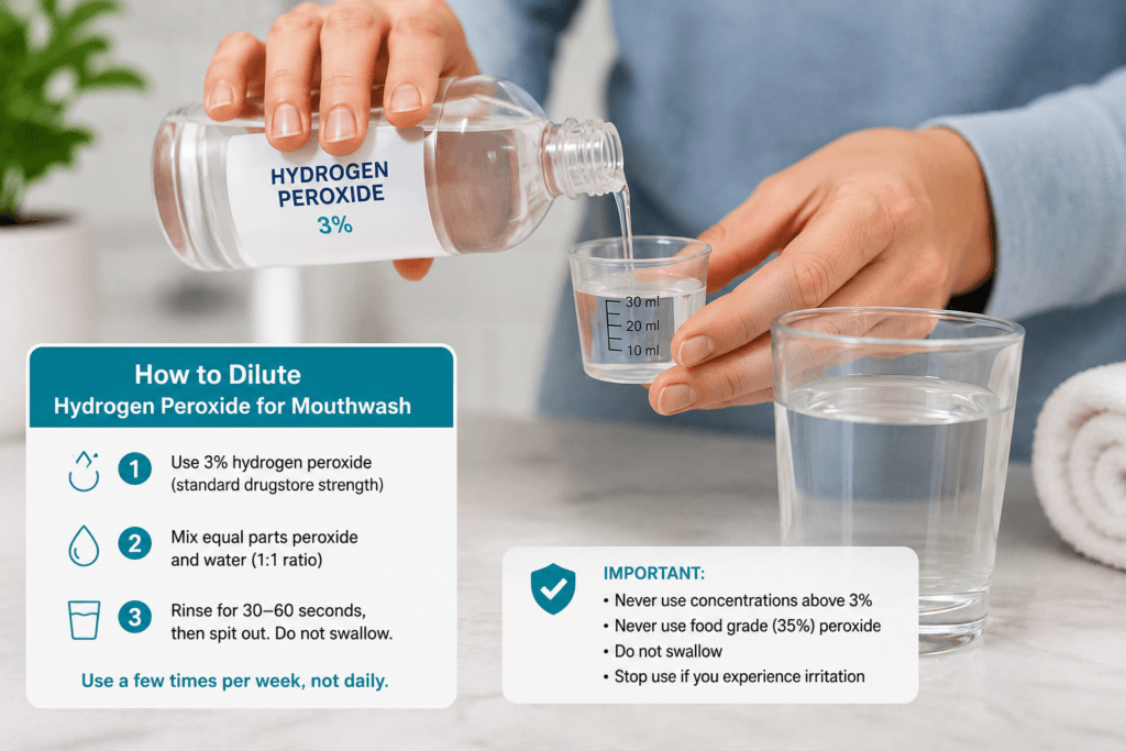 How to dilute hydrogen peroxide for mouthwash: use 3% peroxide, mix equal parts with water, rinse 30–60 seconds then spit. Use a few times per week. Never exceed 3%, never swallow, stop if irritation occurs