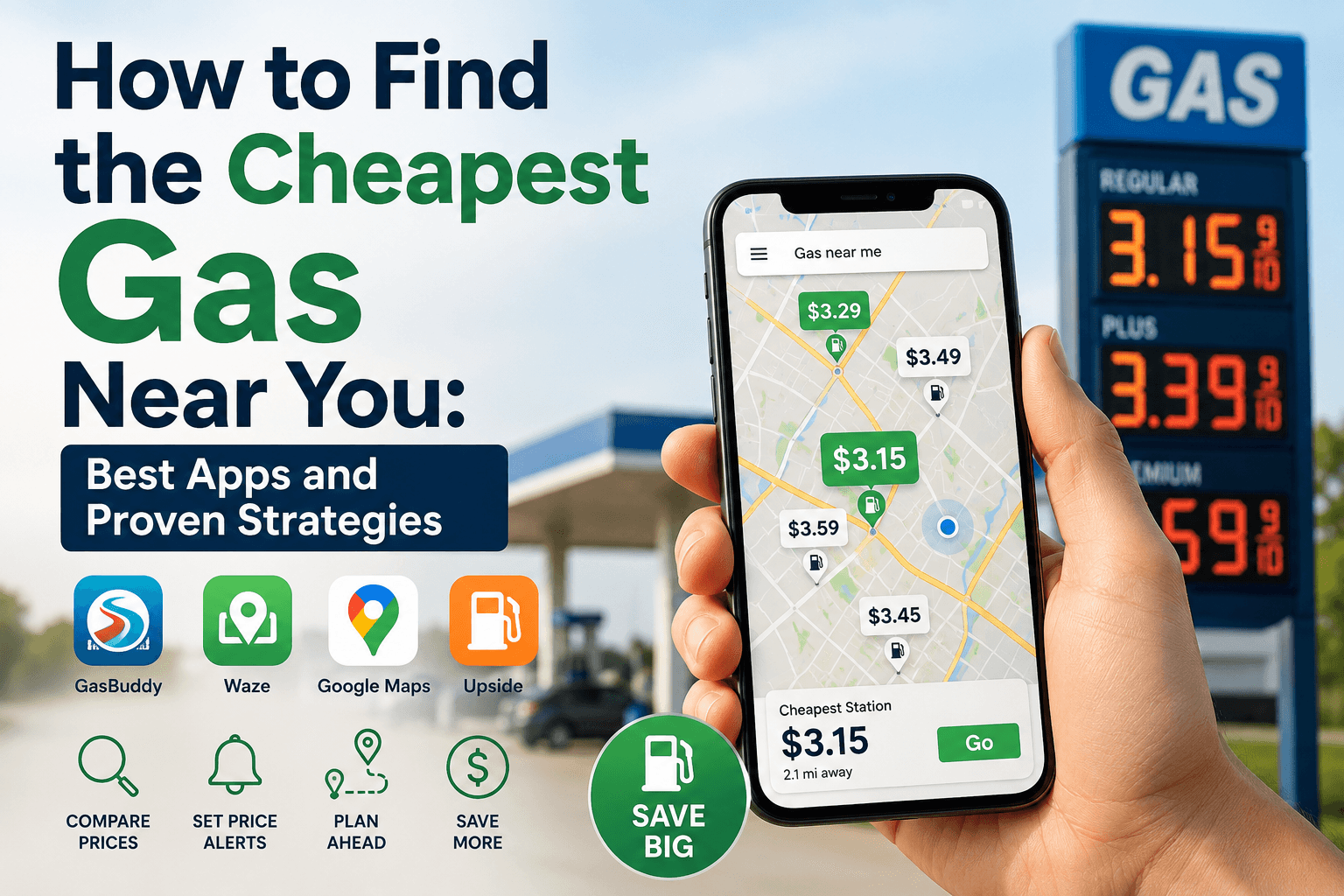 How to Find the Cheapest Gas Near You: Best Apps and Proven Strategies — featuring GasBuddy, Waze, Google Maps, and Upside, with tips to compare prices, set alerts, plan ahead, and save more