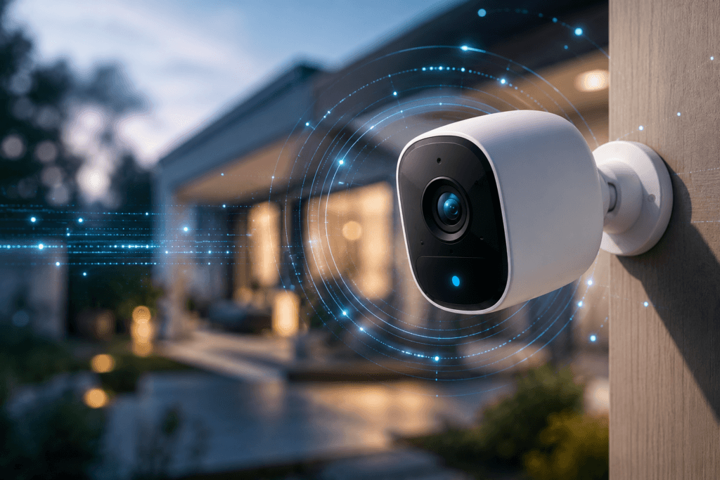 Eufy outdoor security camera mounted on a wall, with a blurred residential home in the background at dusk
