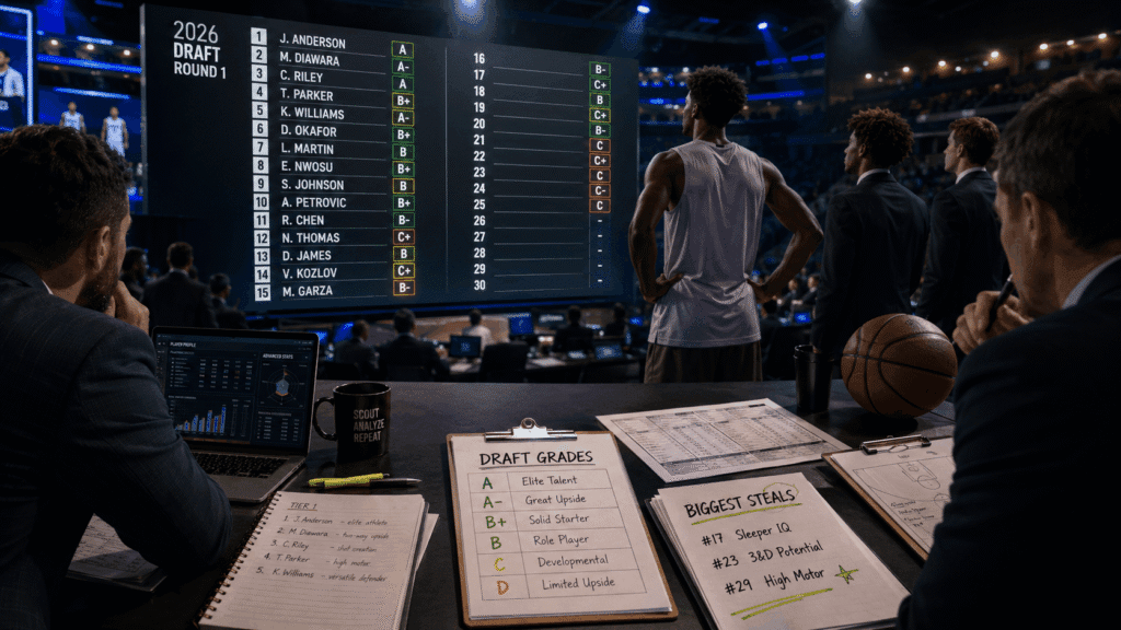 NBA draft war room scene showing analysts reviewing a 2026 Draft Round 1 grades board, with draft grade key and biggest steals notes on the table