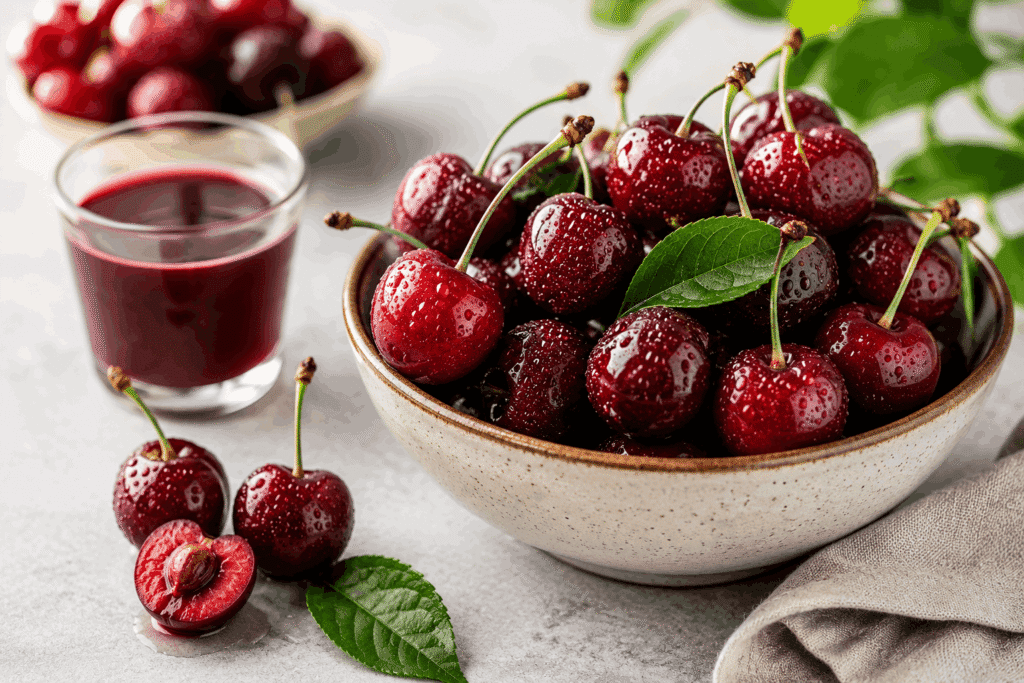 Bowl of fresh whole cherries with stems, a halved cherry showing red flesh, and a glass of dark tart cherry juice in the background