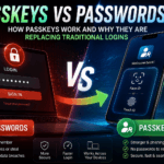 Passkeys vs Passwords infographic: passwords are hard to remember and phishing-prone; passkeys use Face ID or Touch ID for stronger, seamless security
