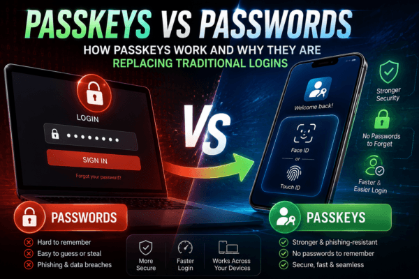 Passkeys vs Passwords infographic: passwords are hard to remember and phishing-prone; passkeys use Face ID or Touch ID for stronger, seamless security