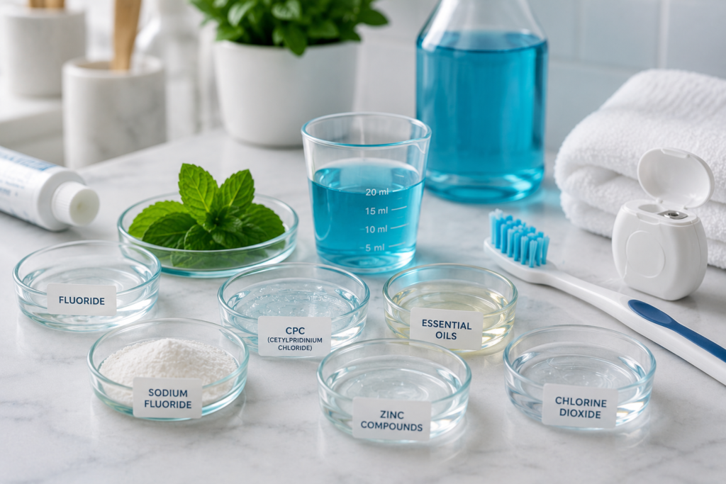 Labeled glass dishes showing key mouthwash active ingredients: fluoride, sodium fluoride, CPC, essential oils, zinc compounds, and chlorine dioxide, alongside a toothbrush, floss, and blue mouthwash