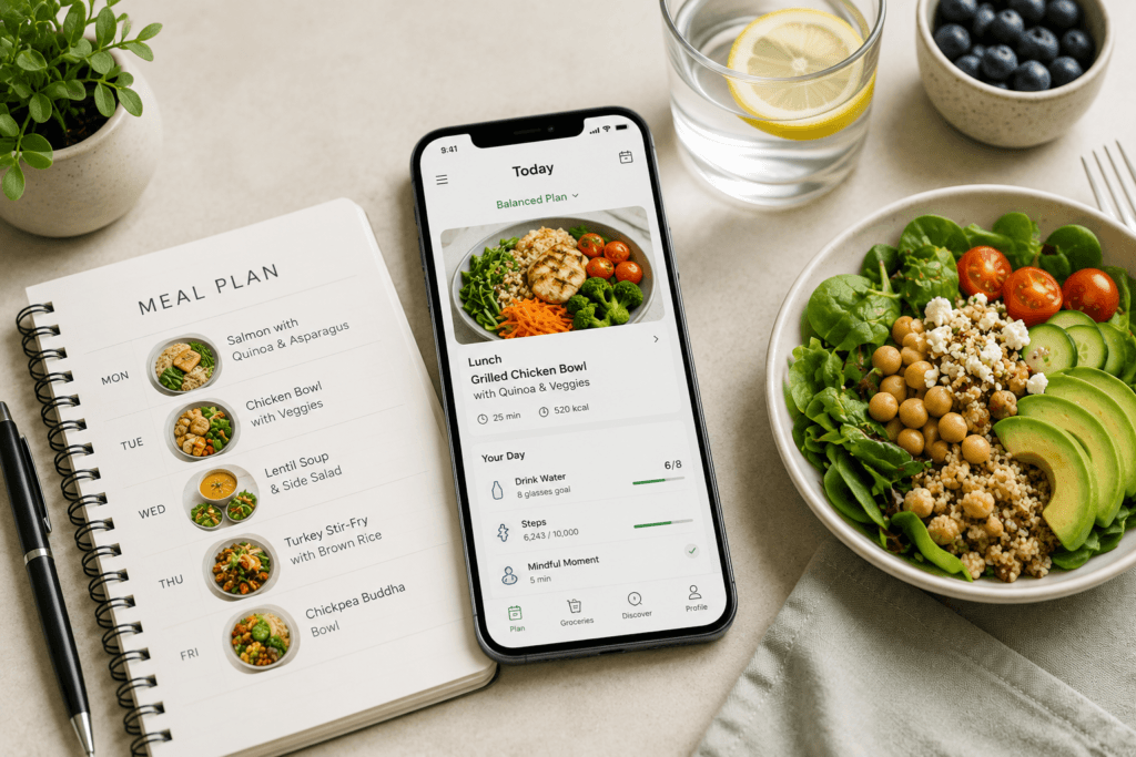 A meal planning app on a smartphone showing a Grilled Chicken Bowl for lunch beside a handwritten weekly meal plan notebook and a fresh salad bowl