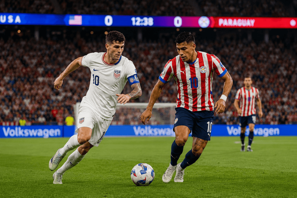 Christian Pulisic (USMNT No. 10) pressures a Paraguay No. 10 during a 0-0 first half, with the scoreboard visible overhead