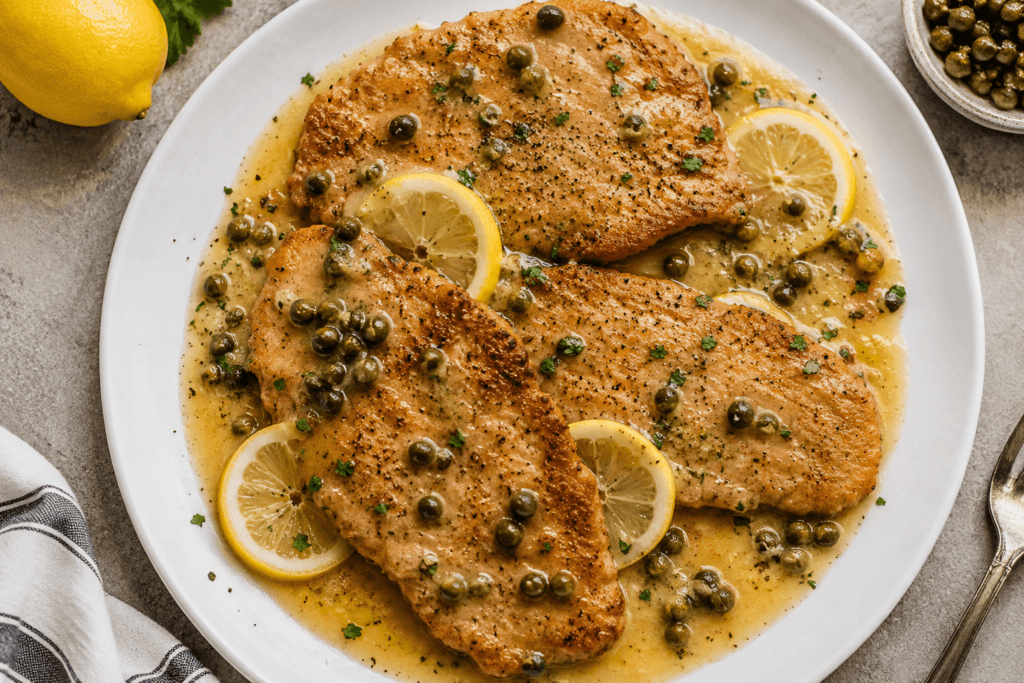 Three golden-seared veal cutlets on a white plate, draped in glossy lemon-butter sauce with capers, lemon slices, and fresh parsley