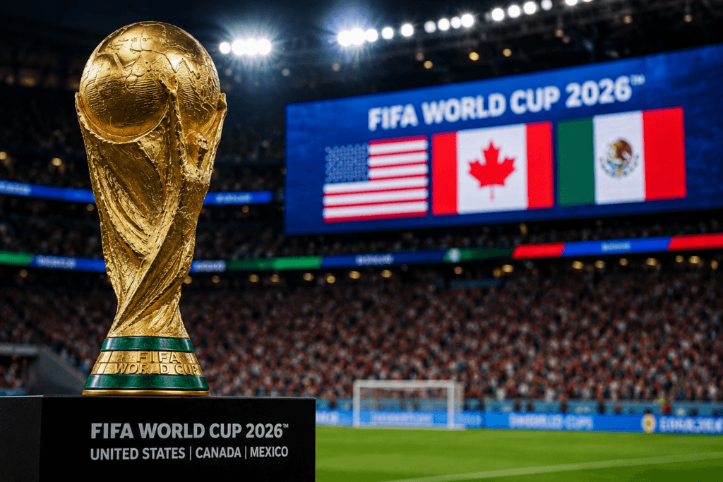 FIFA World Cup 2026 trophy on display inside a packed stadium, with a screen showing the US, Canada, and Mexico host nation flags behind it