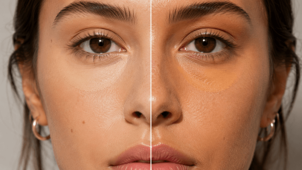 Side-by-side comparison showing concealer oxidation: left side shows a fresh, skin-matched shade under the eye; right side shows the same concealer turned visibly orange after hours of wear