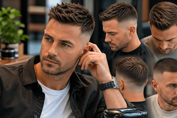 Multiple angles of men's short textured haircuts with fade sides, shown in a barbershop setting