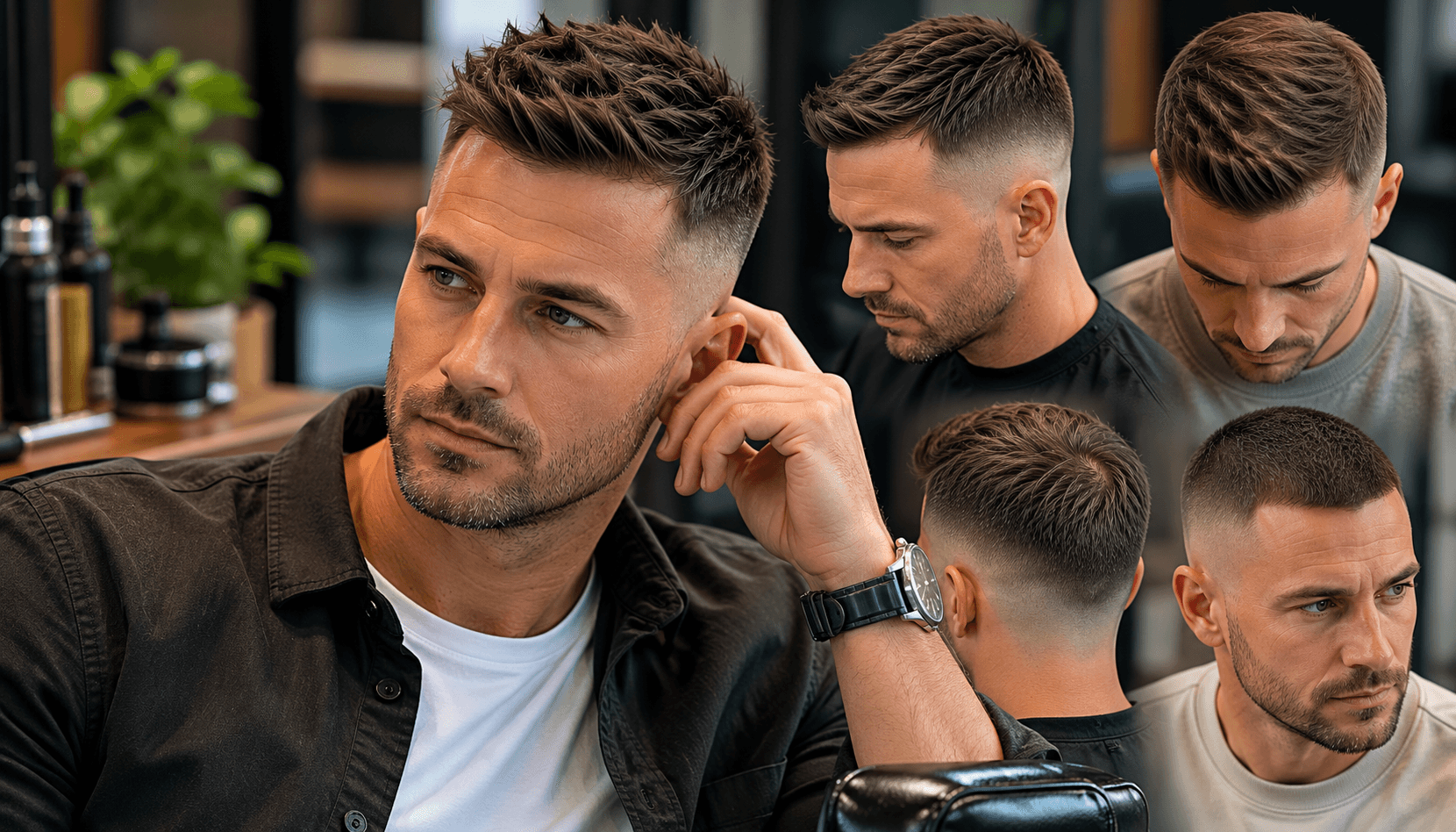 Multiple angles of men's short textured haircuts with fade sides, shown in a barbershop setting
