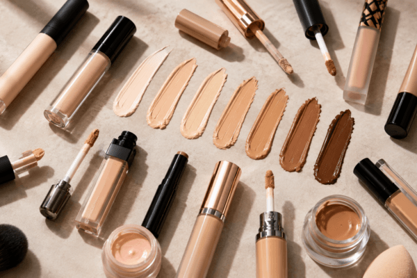 Assorted concealers and foundations in various shades from fair to deep, with swatches displayed on a neutral surface