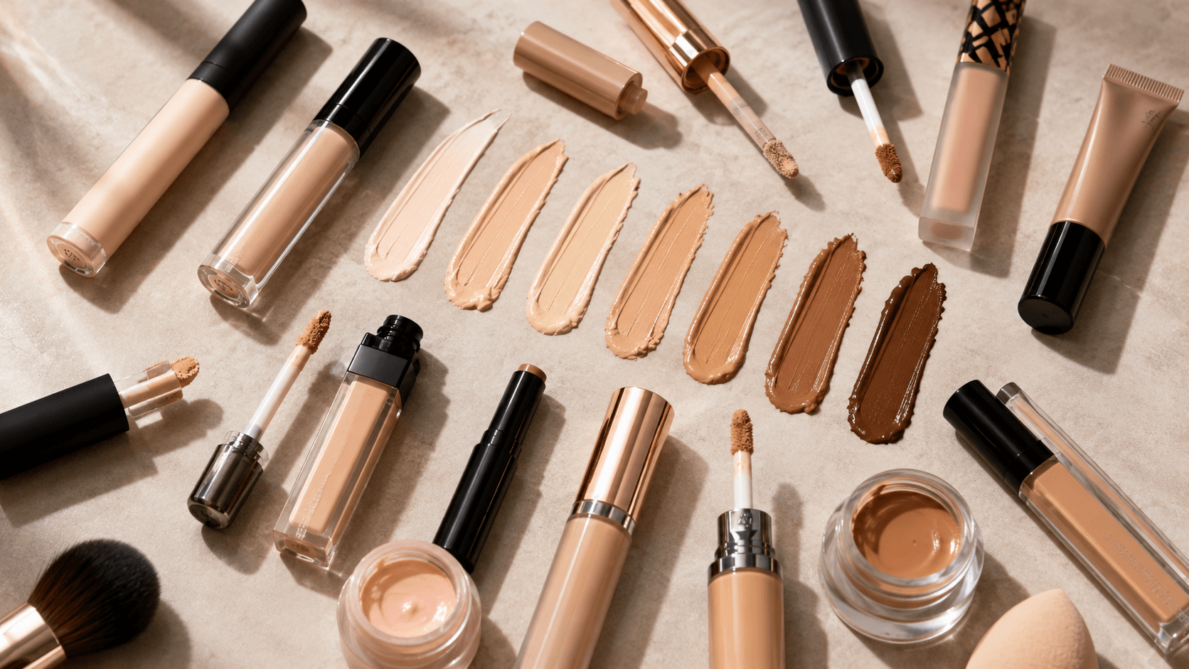 Assorted concealers and foundations in various shades from fair to deep, with swatches displayed on a neutral surface