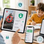 Parent using a tablet with parental controls to block content and set screen time limits while a child does homework nearby