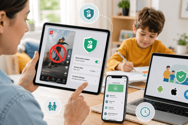 Parent using a tablet with parental controls to block content and set screen time limits while a child does homework nearby