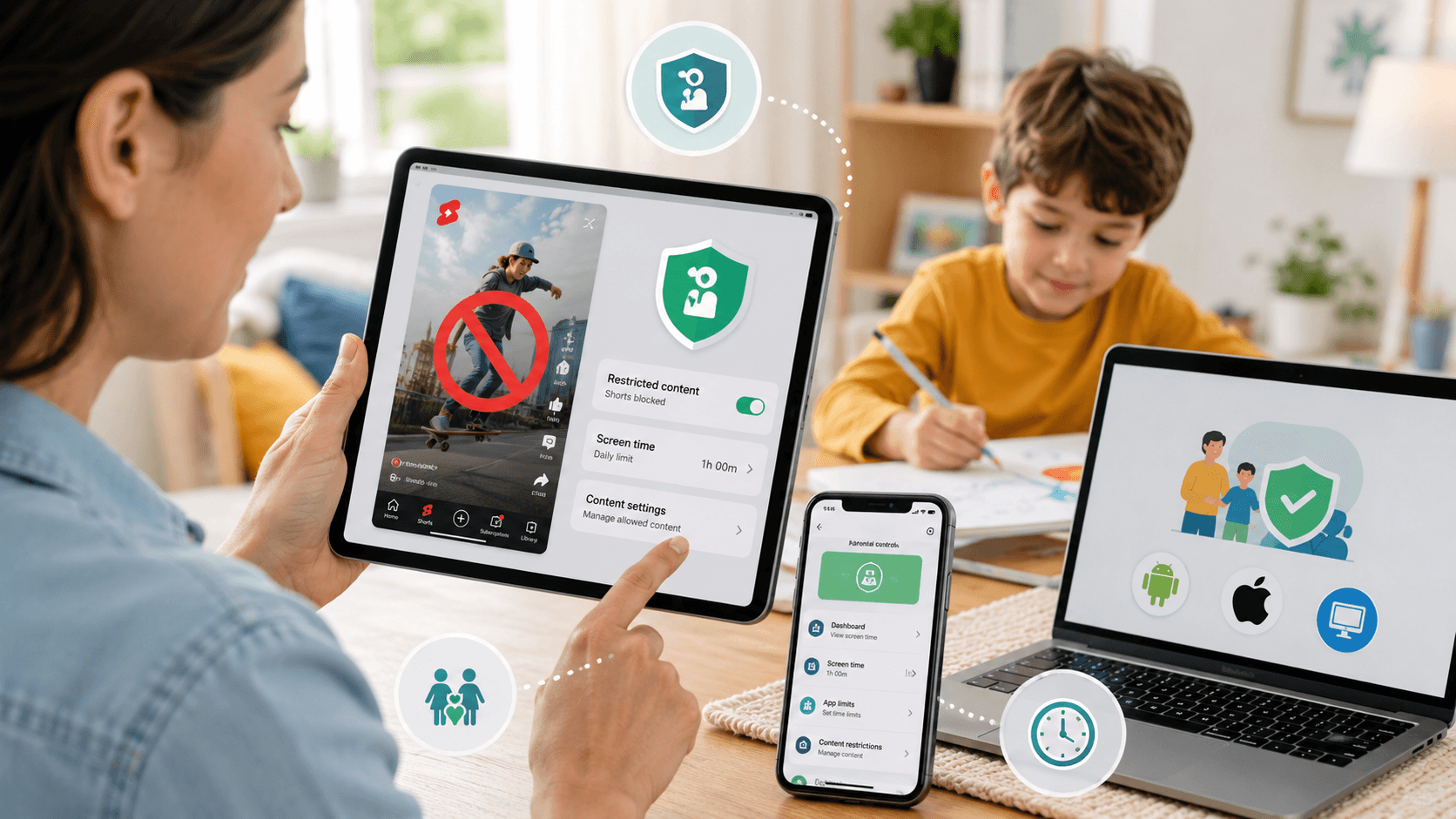 Parent using a tablet with parental controls to block content and set screen time limits while a child does homework nearby