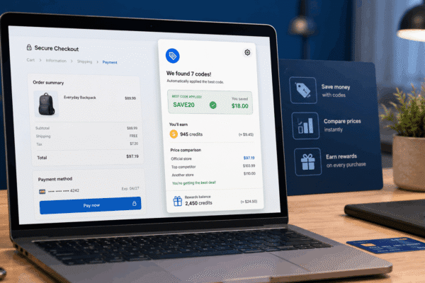 Laptop showing a secure checkout page with a coupon tool that found 7 codes, applied SAVE20 to save $18, and displays price comparisons and rewards balance