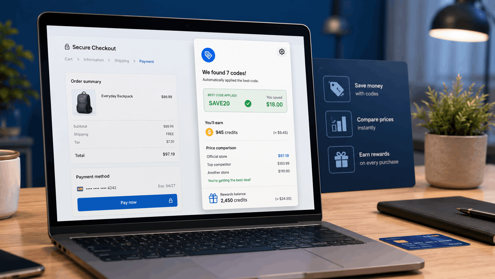 Laptop showing a secure checkout page with a coupon tool that found 7 codes, applied SAVE20 to save $18, and displays price comparisons and rewards balance