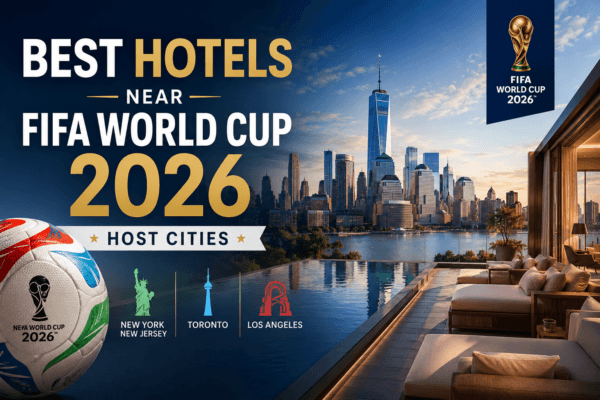 Promotional graphic for hotels near the 2026 FIFA World Cup host cities, featuring a luxury rooftop hotel terrace with an infinity pool overlooking a modern city skyline. The design highlights New York/New Jersey, Toronto, and Los Angeles as host locations, alongside football-themed imagery and championship branding.