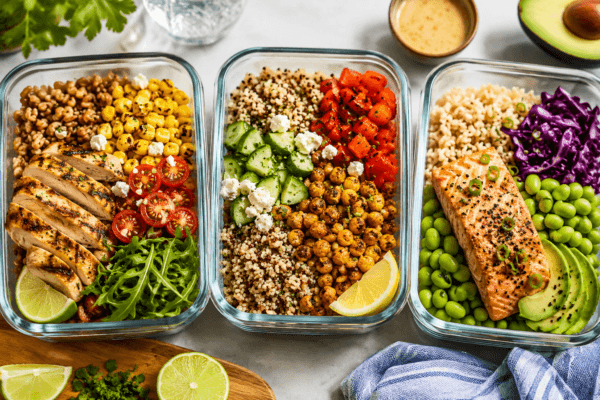 Three glass meal-prep containers filled with balanced, nutrient-rich meals featuring grilled chicken, baked salmon, quinoa, brown rice, chickpeas, edamame, corn, cucumbers, tomatoes, avocado, leafy greens, and red cabbage. The colorful arrangement highlights healthy meal planning, high-protein eating, portion control, and make-ahead lunches for fitness and wellness goals.