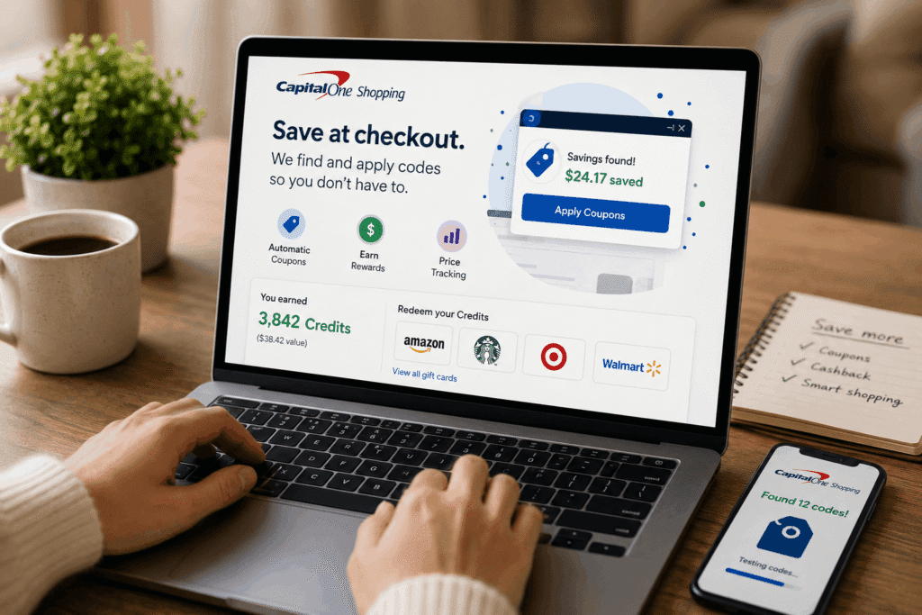 Capital One Shopping interface showing automatic coupons, rewards credits, price tracking features, and gift card redemption options for Amazon, Starbucks, Target, and Walmart