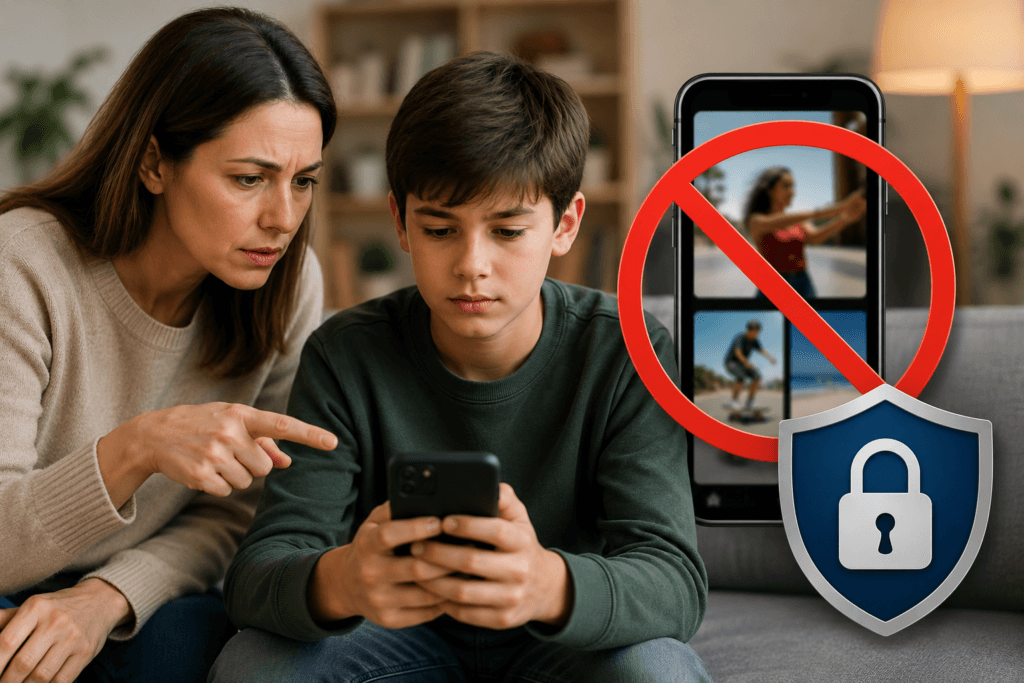 A parent pointing at a child's phone screen next to icons of a blocked short-form video feed and a security shield