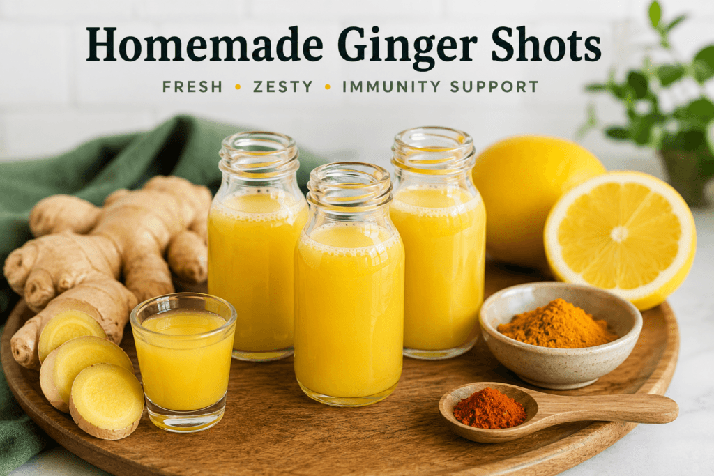 Three small glass bottles and a shot glass filled with bright yellow ginger shot juice, surrounded by fresh ginger root, lemon, turmeric powder, and cayenne on a wooden tray