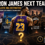 Infographic showing LeBron James's realistic next NBA destinations: Los Angeles Lakers, Golden State Warriors, Cleveland Cavaliers, or a Las Vegas expansion team, with a note about an ownership clock deadline of Fall 2028