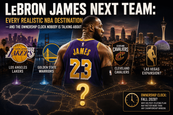 Infographic showing LeBron James's realistic next NBA destinations: Los Angeles Lakers, Golden State Warriors, Cleveland Cavaliers, or a Las Vegas expansion team, with a note about an ownership clock deadline of Fall 2028