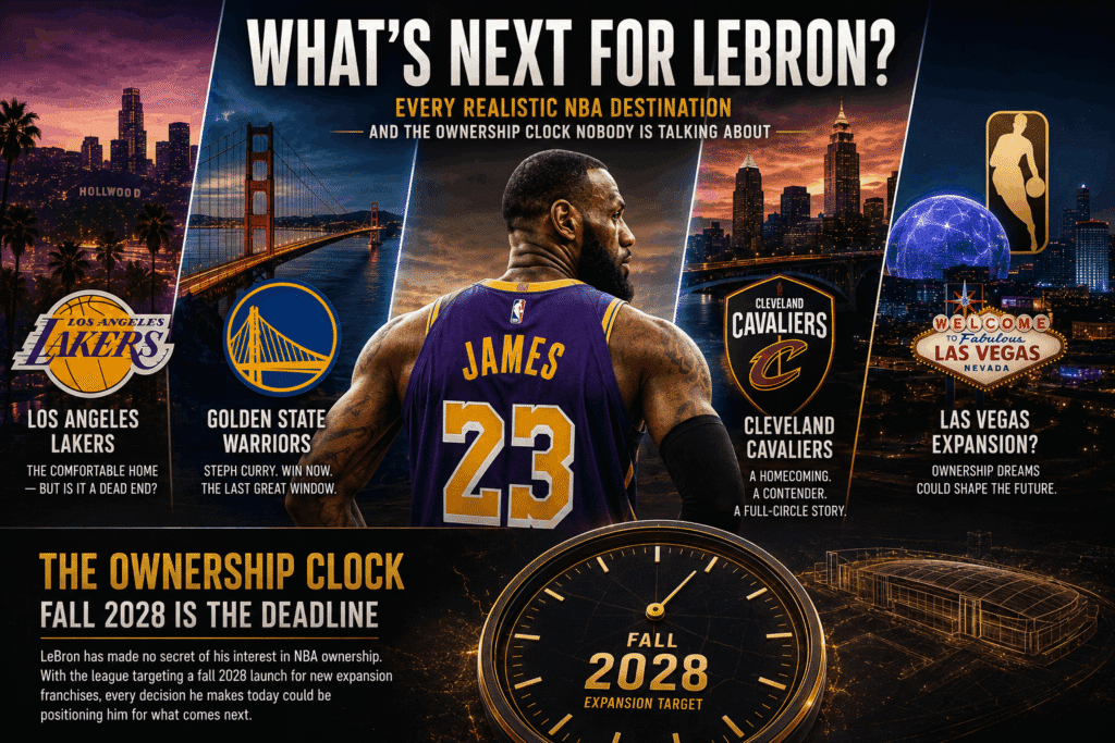 Infographic showing LeBron James's four 2026 free agency destinations — Lakers, Warriors, Cavaliers, Las Vegas expansion — with a Fall 2028 NBA ownership deadline clock